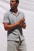 Maverick Short Sleeve Shirt in French Terry With Jacquard Pattern, Notched Collar, Front Buttons, and Classic Fit in Silver Line Blue Grid Colorway - Video - Upper Body Front View Featured on Model