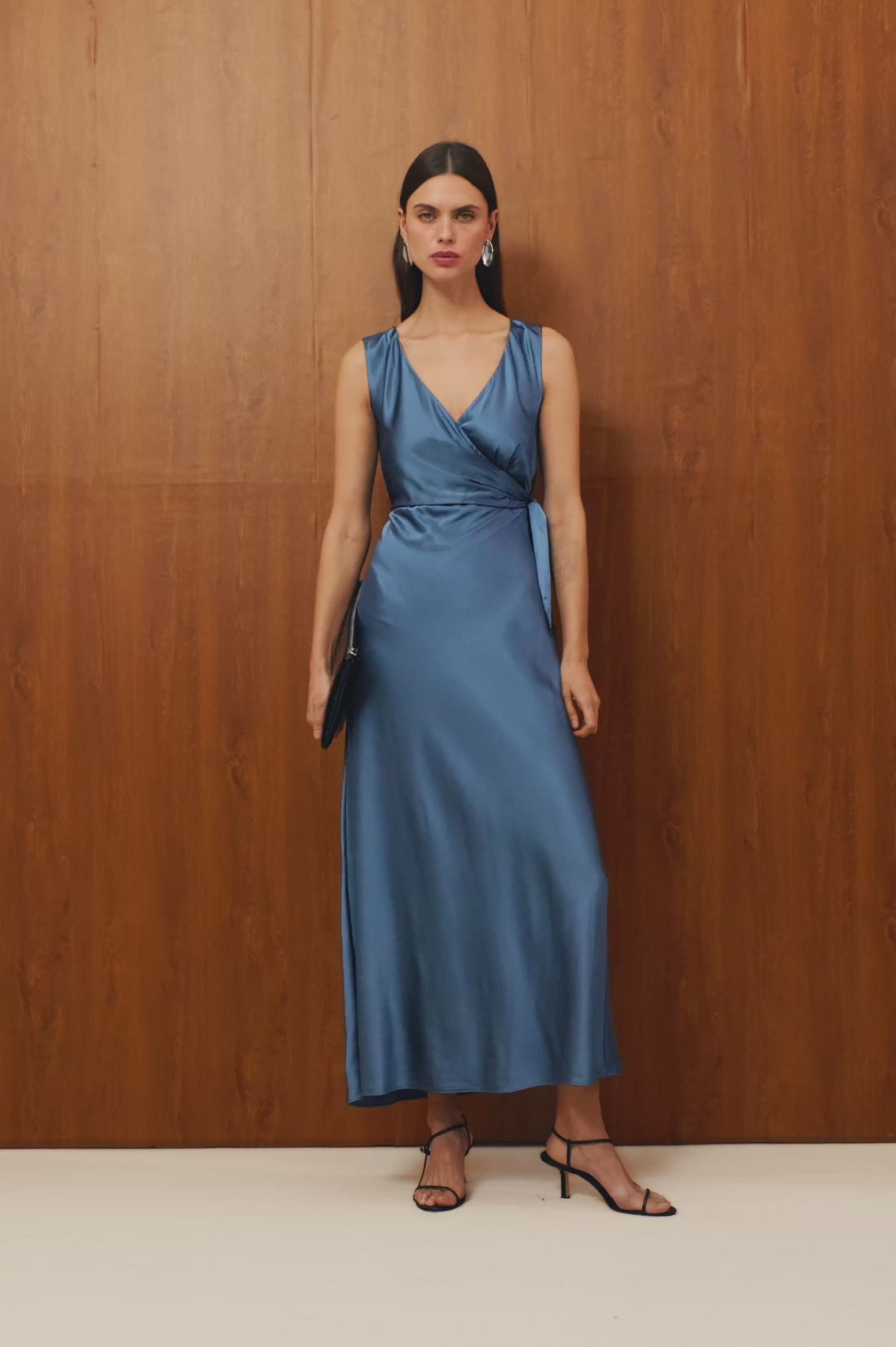 Eva Midi Dress in Satin-Back Crepe With V-Neckline, Bias Cut, Fixed Side Ties, and Side Seam Zip in Atlantic Colorway - Full Body Front View Featured on Model - Video