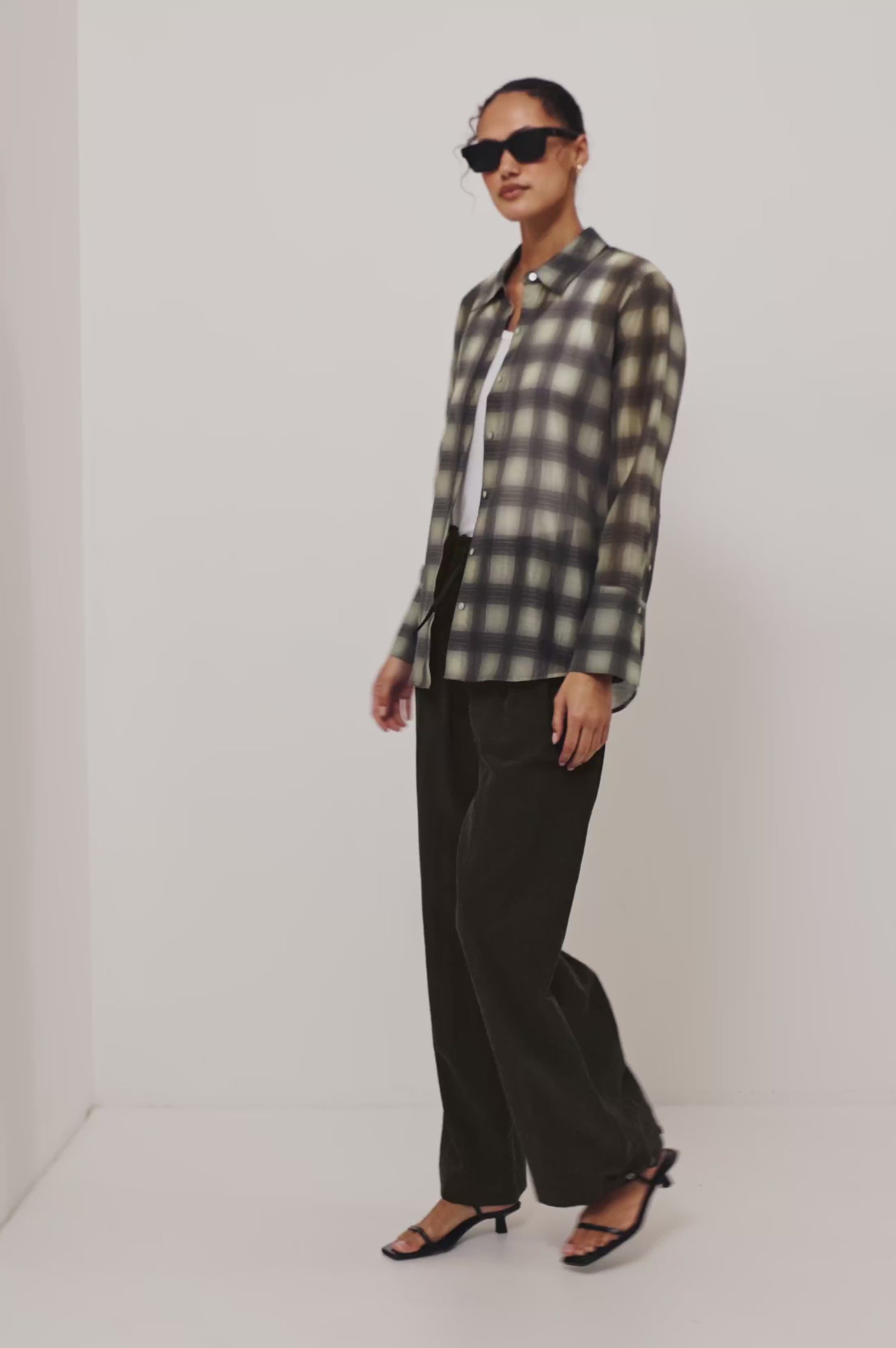Bishop Shirt in Soft Voile With Collar, Button Front, Long Sleeves, and Relaxed Fit in Onyx Taupe Colorway - Full Body Front View Featured on Model - Video