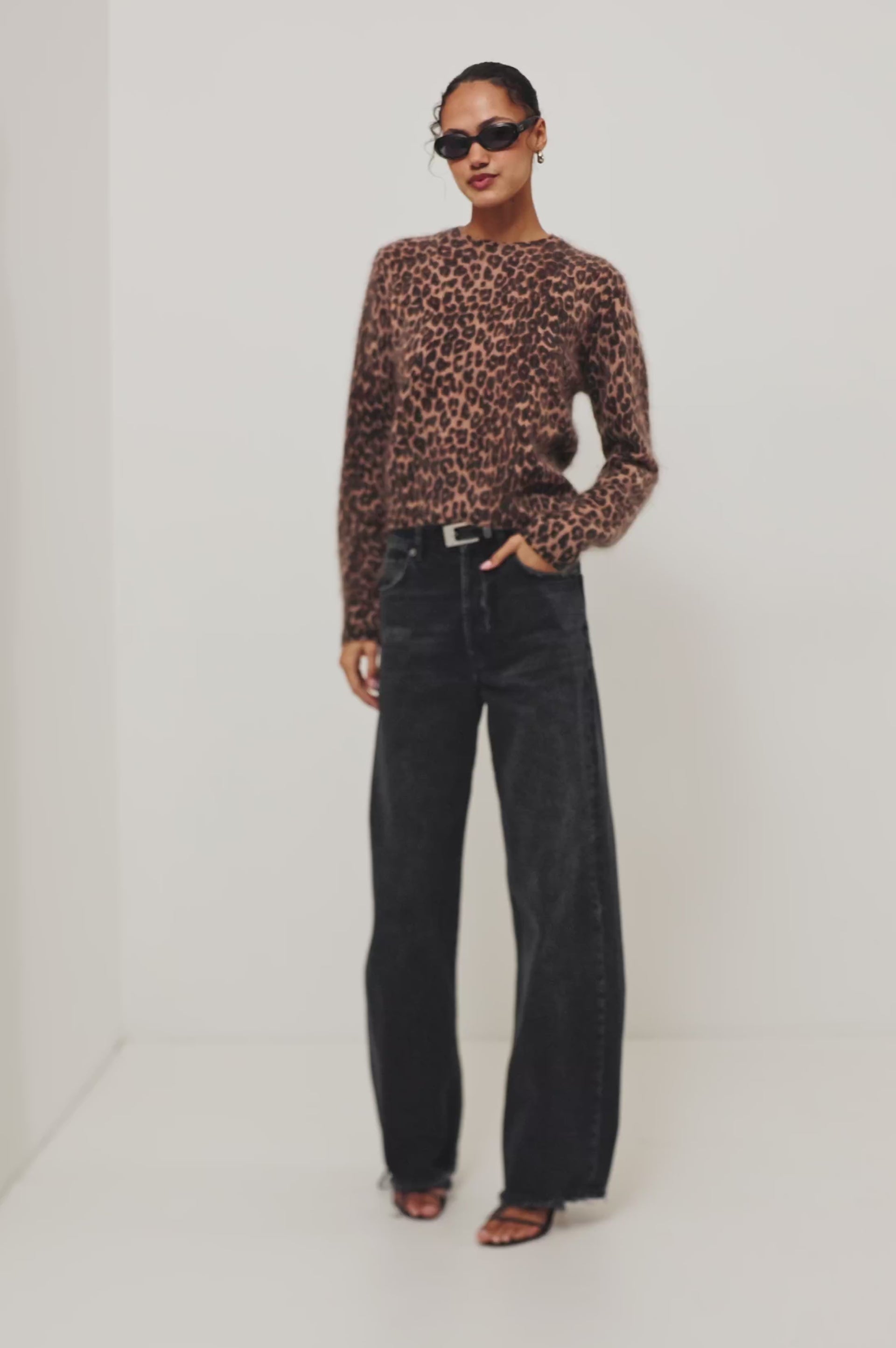 Sofia Sweater in Soft Brushed Wool Blend Knit With Relaxed Fit, Crew Neck, Long Sleeves, and Ribbed Trim in Brown Nala Colorway - Full Body Front View Featured on Model - Video