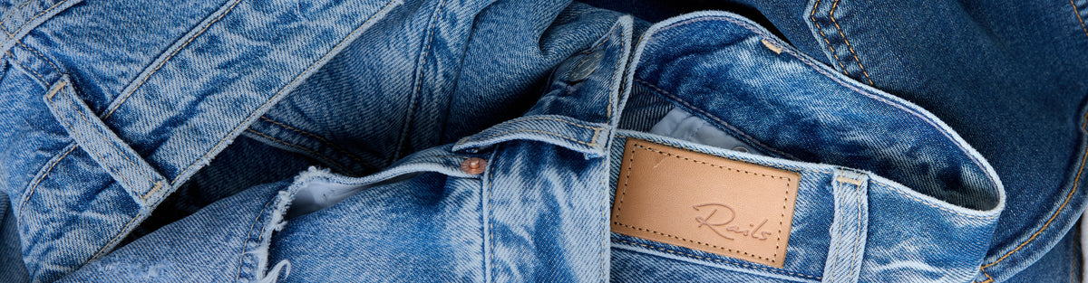 Variety of denim blue jeans with Rails Logo