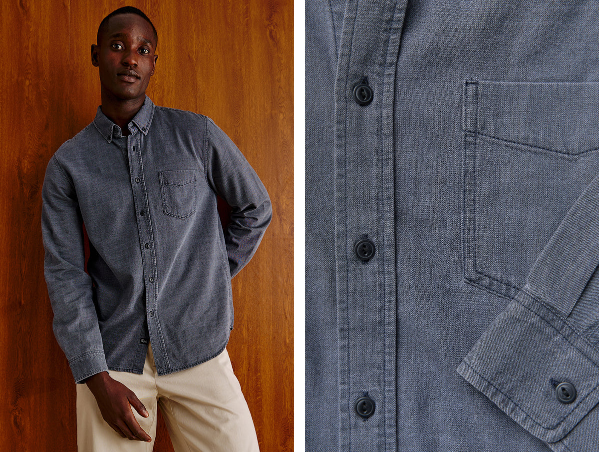 A man wearing a slate blue button-down shirt with beige pants, standing against a warm wood-paneled wall, with a close-up inset of the shirt's chest pocket and button details on the right.