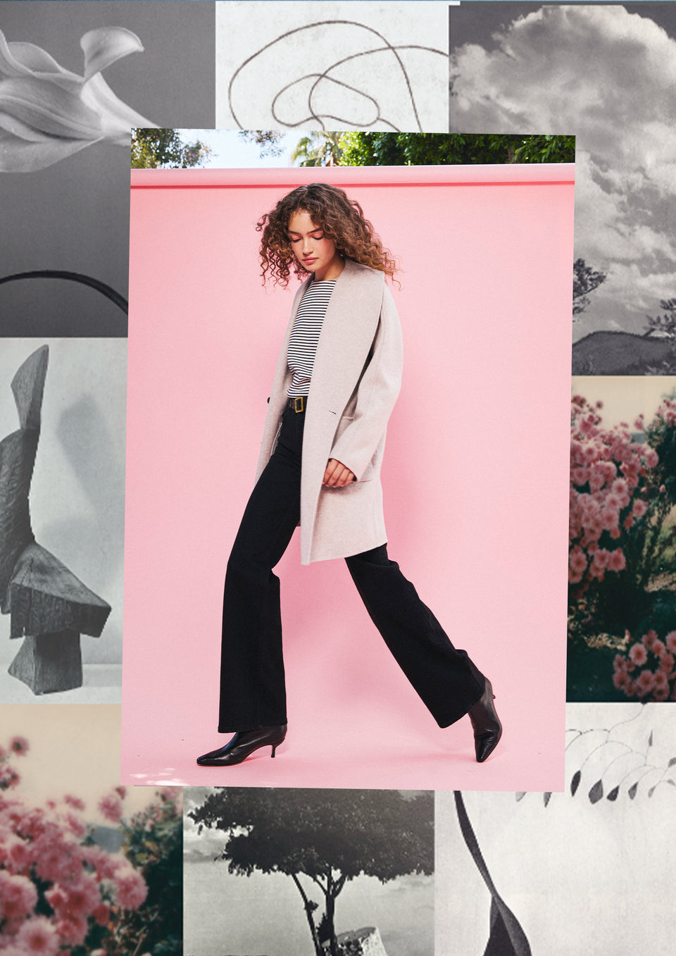 EDITORIAL IMAGE OF MODEL WALKING WEARING NILY COAT, MACY TOP AND GETTY WIDE LEG JEANS