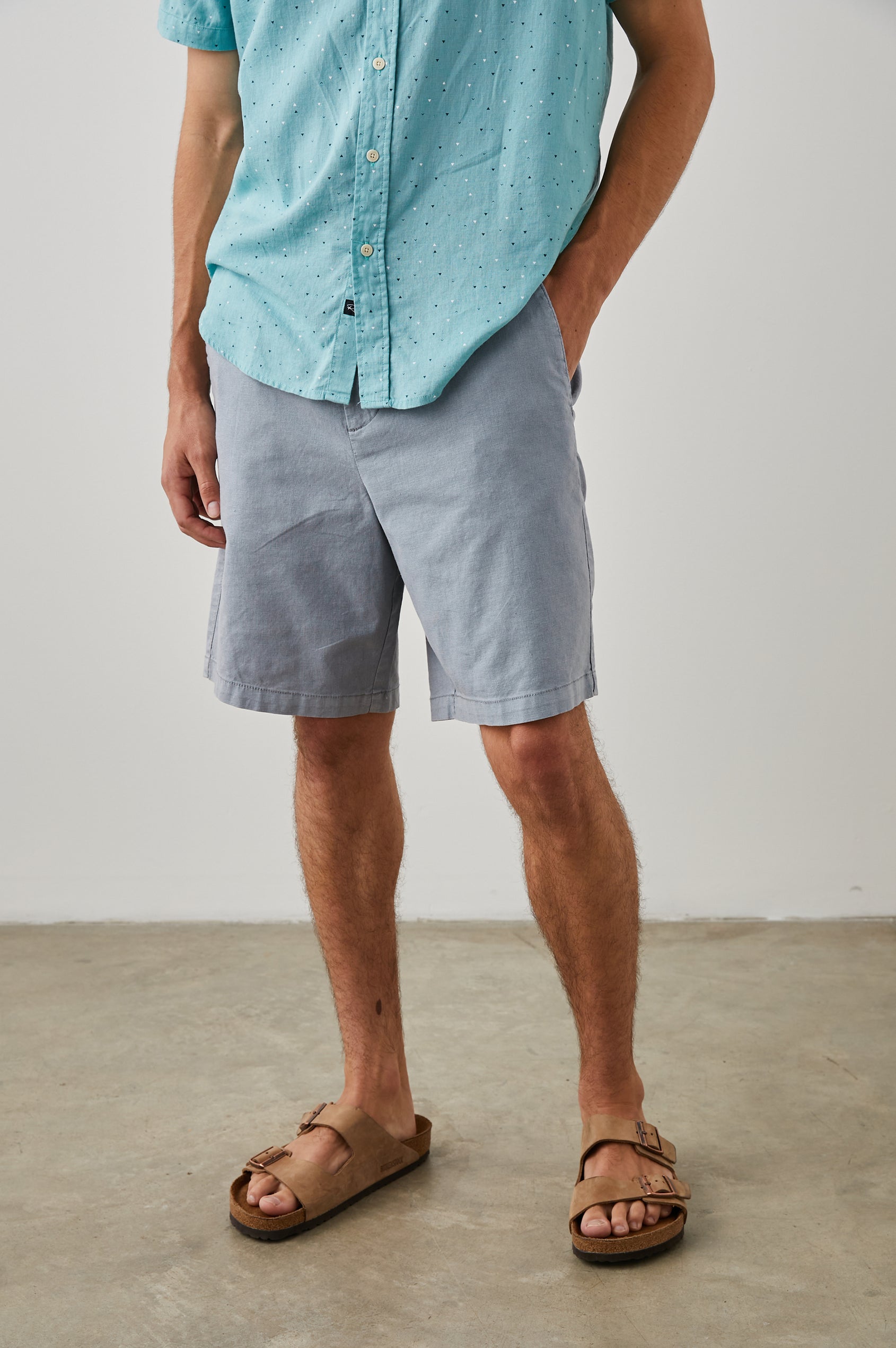 Boden Knee-Length Shorts with Belt Loops, Two Front Pockets and Two Back Button Welt Pockets in Gravel Colorway - Front View Featured on Model