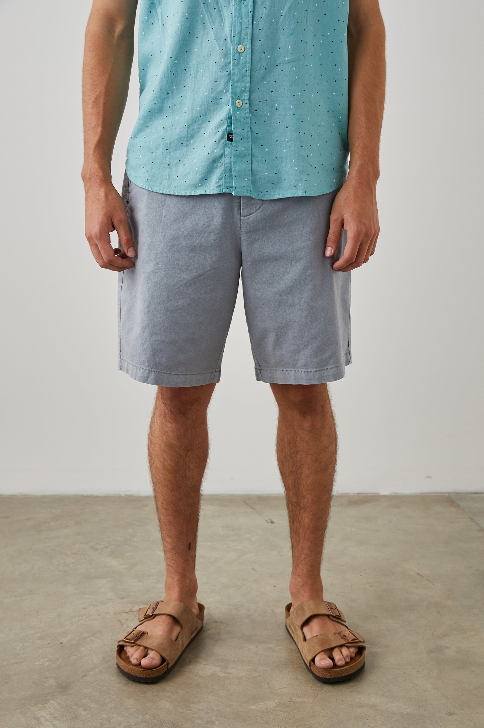 Boden Knee-Length Shorts with Belt Loops, Two Front Pockets and Two Back Button Welt Pockets in Gravel Colorway - Front View Featured on Model