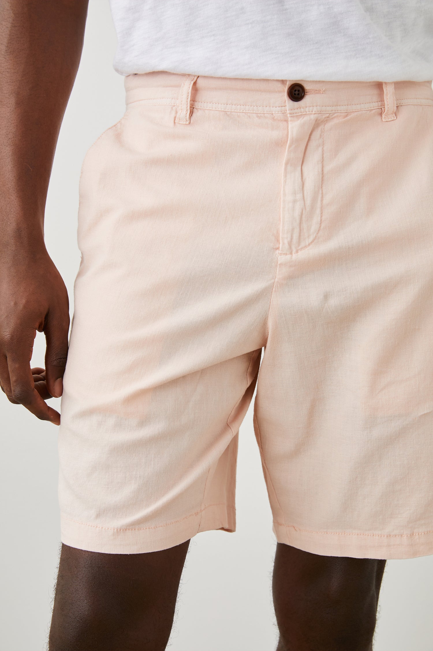 Boden Knee-Length Shorts with Belt Loops, Two Front Pockets and Two Back Button Welt Pockets in Prawn Colorway - Front View Featured on Model