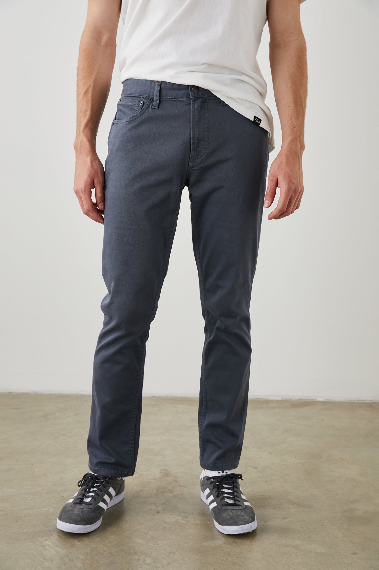 Carver Pants with Belt Loops, Two Front Pockets plus a Coin Pocket and Two Back Patch Pockets in Ensign Blue Colorway - Front View Featured on Model