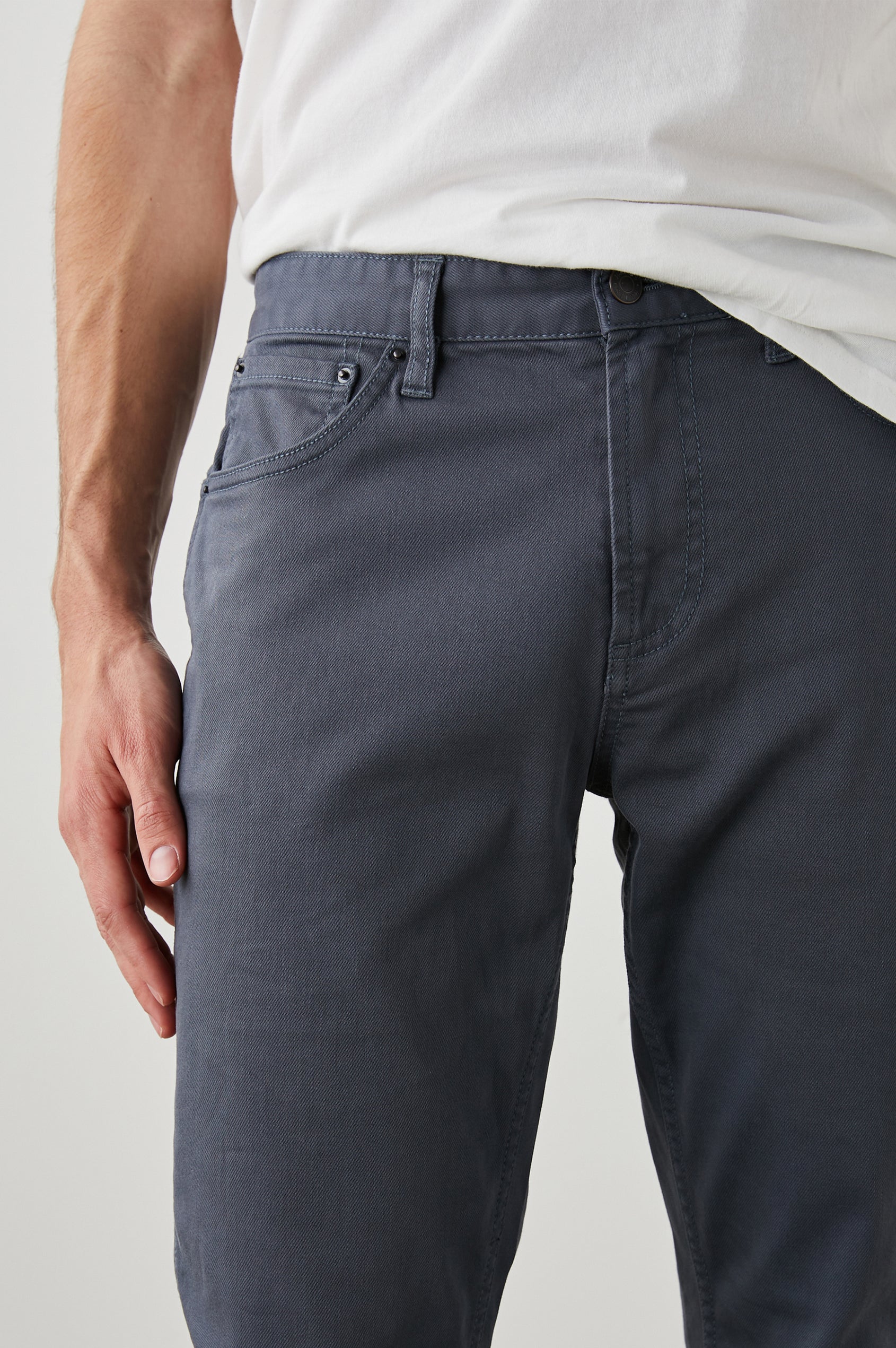 Carver Pants with Belt Loops, Two Front Pockets plus a Coin Pocket and Two Back Patch Pockets in Ensign Blue Colorway - Front View Featured on Model
