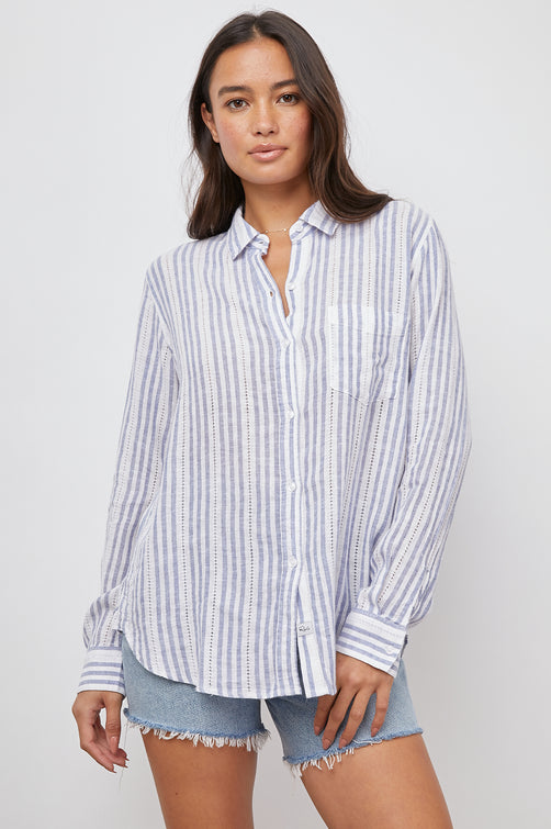 CHARLI BLUE CATALINA STRIPE BUTTON DOWN SHIRT- FRONT UNTUCKED