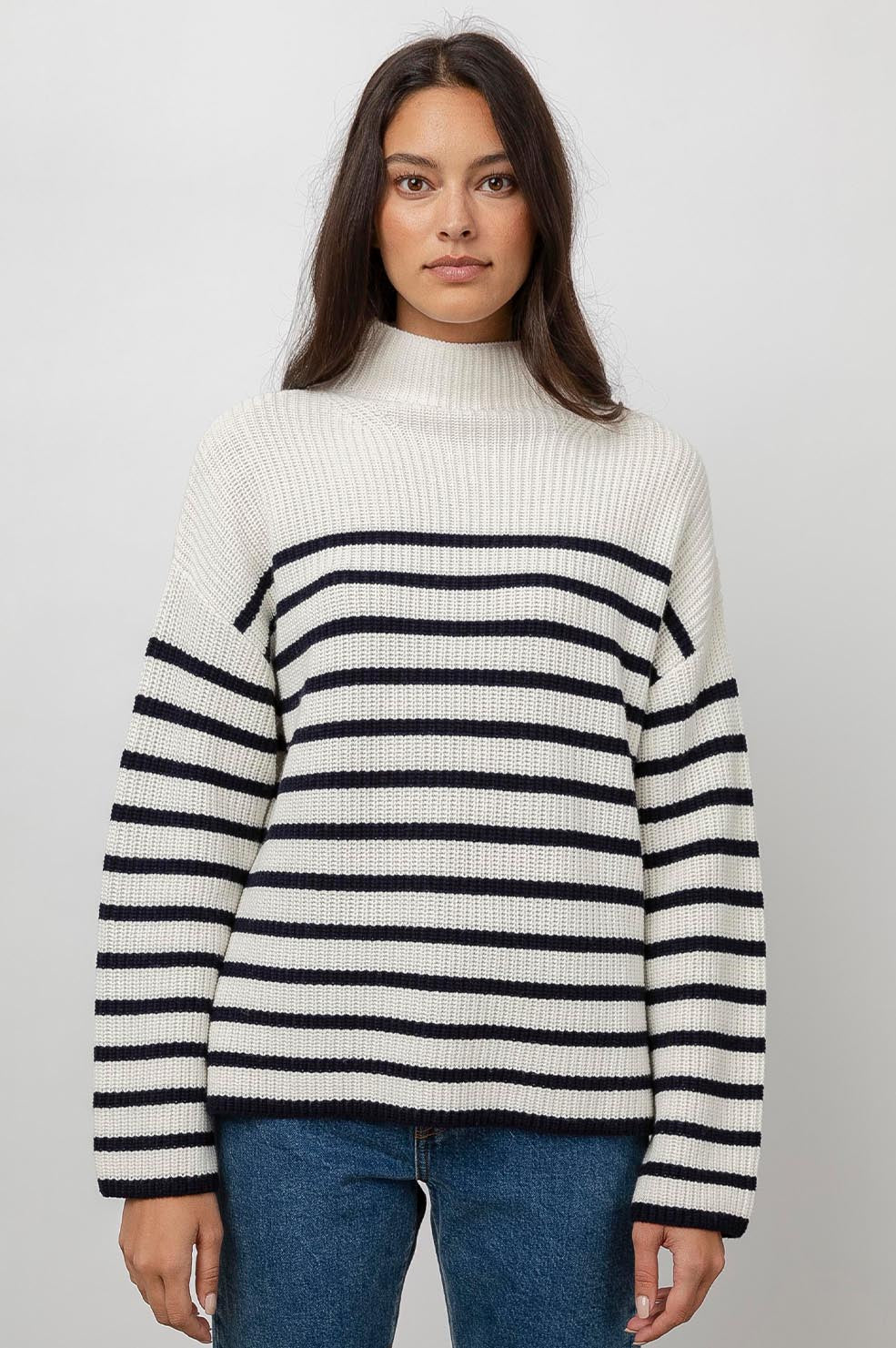 Claudia Cream Navy Stripe Mock Neck Sweater- front untucked