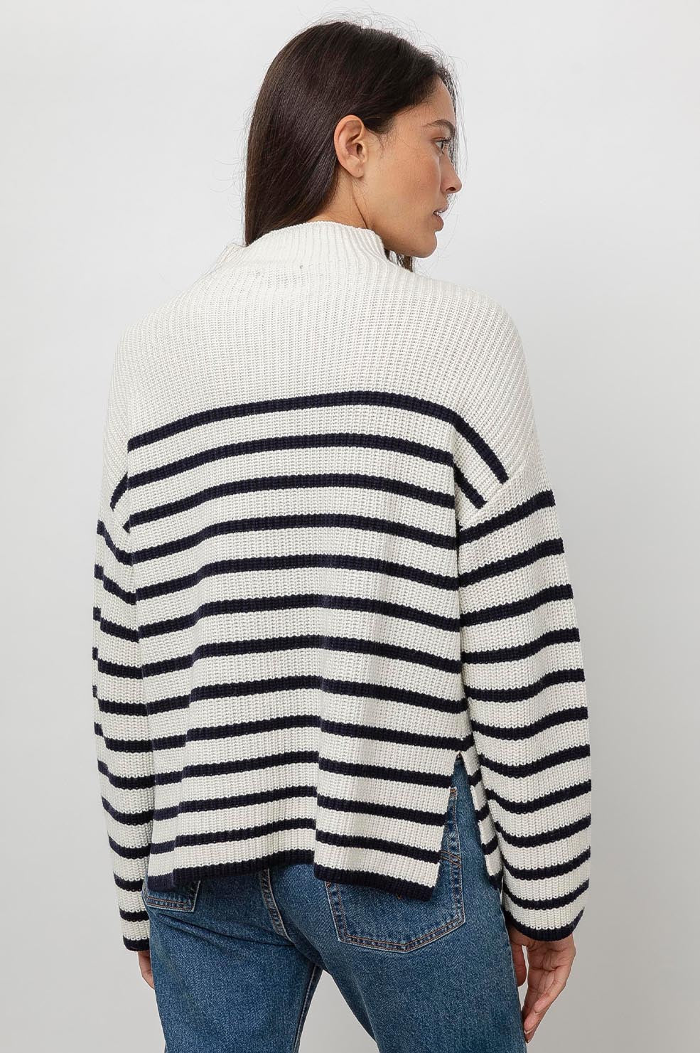 Claudia Cream Navy Stripe Mock Neck Sweater- back