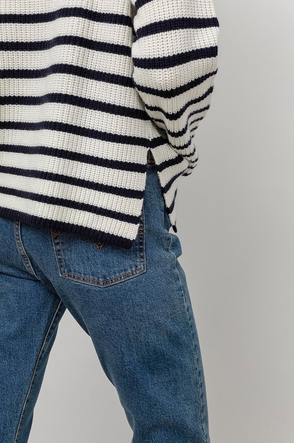 Claudia Cream Navy Stripe Mock Neck Sweater- bottom detail
