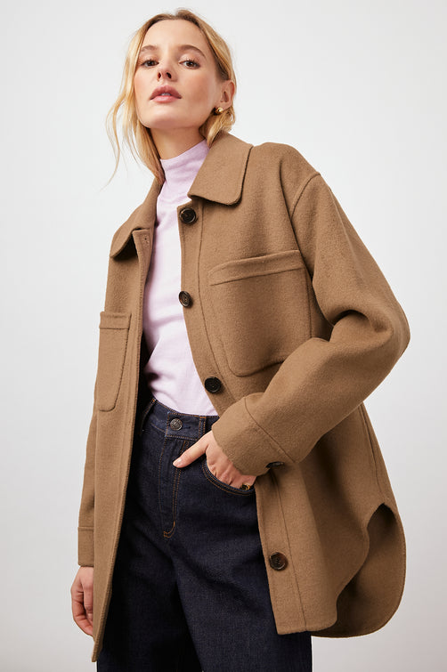 CONNIE CAMEL COAT- FRONT IN MOTION