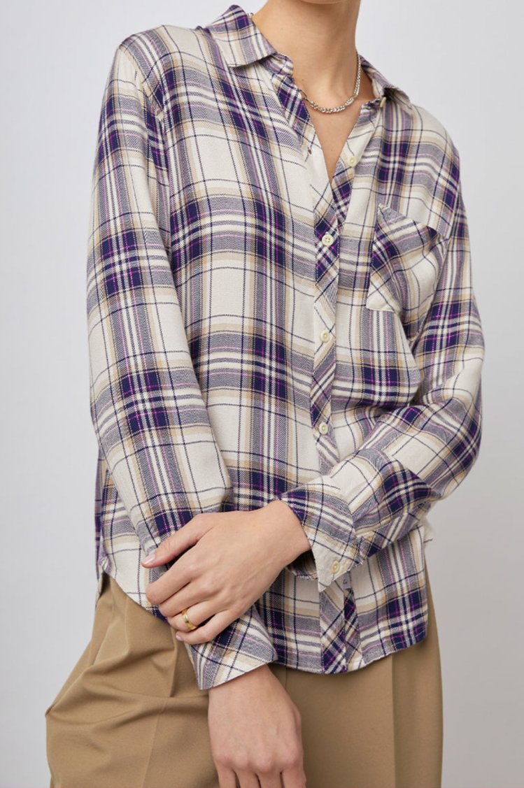 Hunter Long-Sleeve Button Up with a Chest Patch Pocket in Stone Navy Fuchsia Colorway, plaid - Front Tucked View Featured on Model