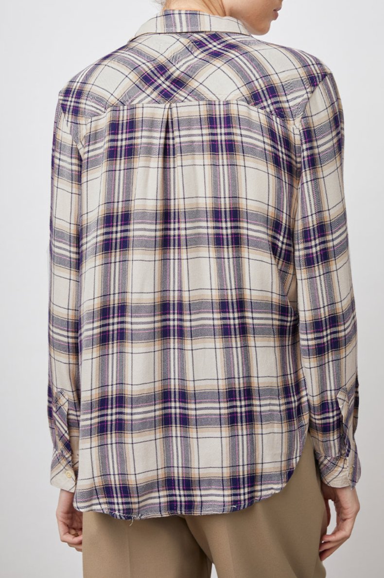 Hunter Long-Sleeve Button Up with a Chest Patch Pocket in Stone Navy Fuchsia Colorway, plaid - Back View Featured on Model