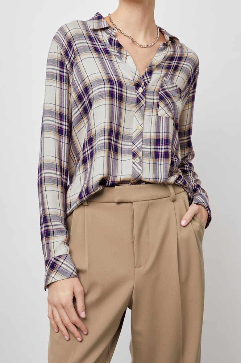 Hunter Long-Sleeve Button Up with a Chest Patch Pocket in Stone Navy Fuchsia Colorway, plaid - Front Tucked View Featured on Model