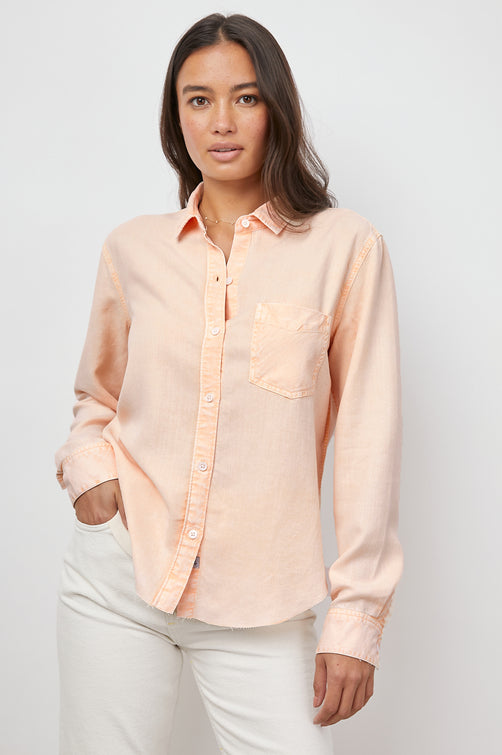 INGRID RAW PEACH ACID WASH LONG SLEEVE BUTTON DOWN-FRONT UNTUCKED