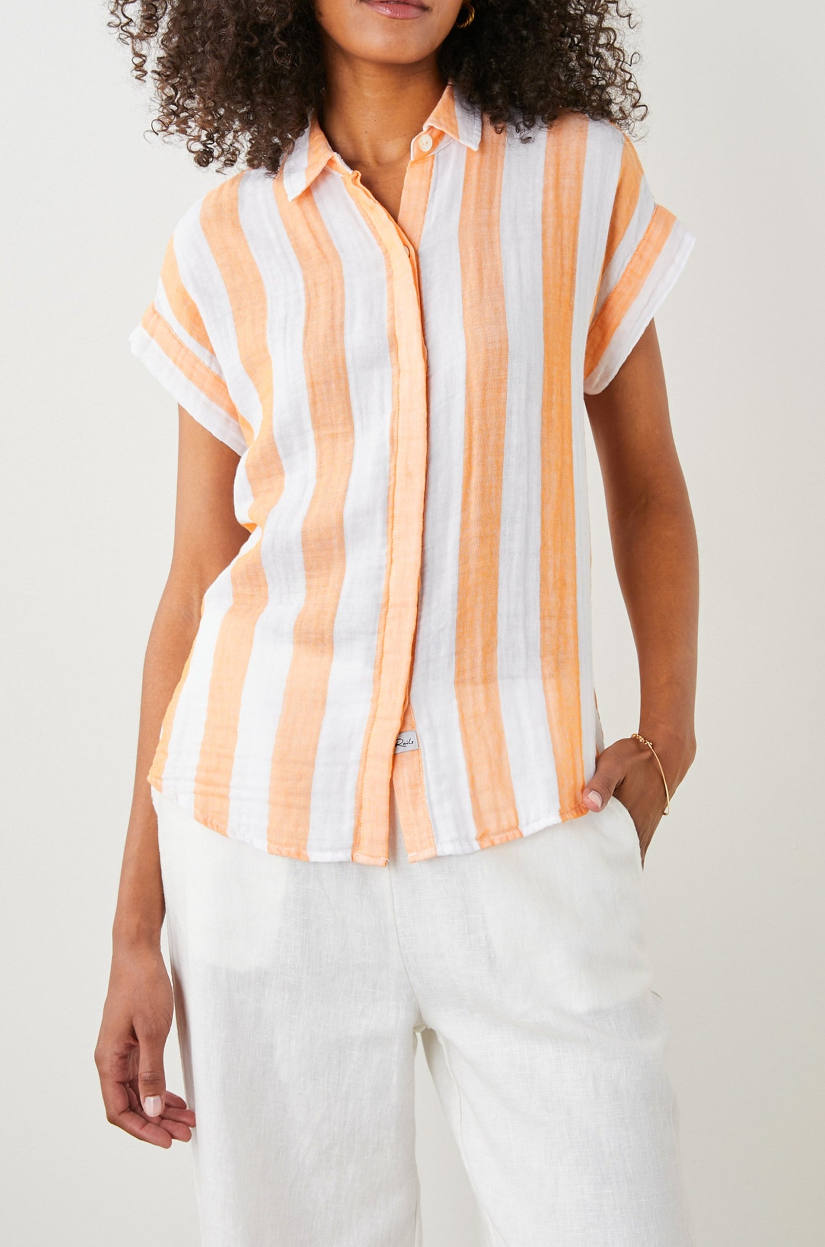 Jamie Short Sleeve Button Up in Ortona Stripe Colorway, Orange and White Vertical Stripes - Front View Featured on Model 