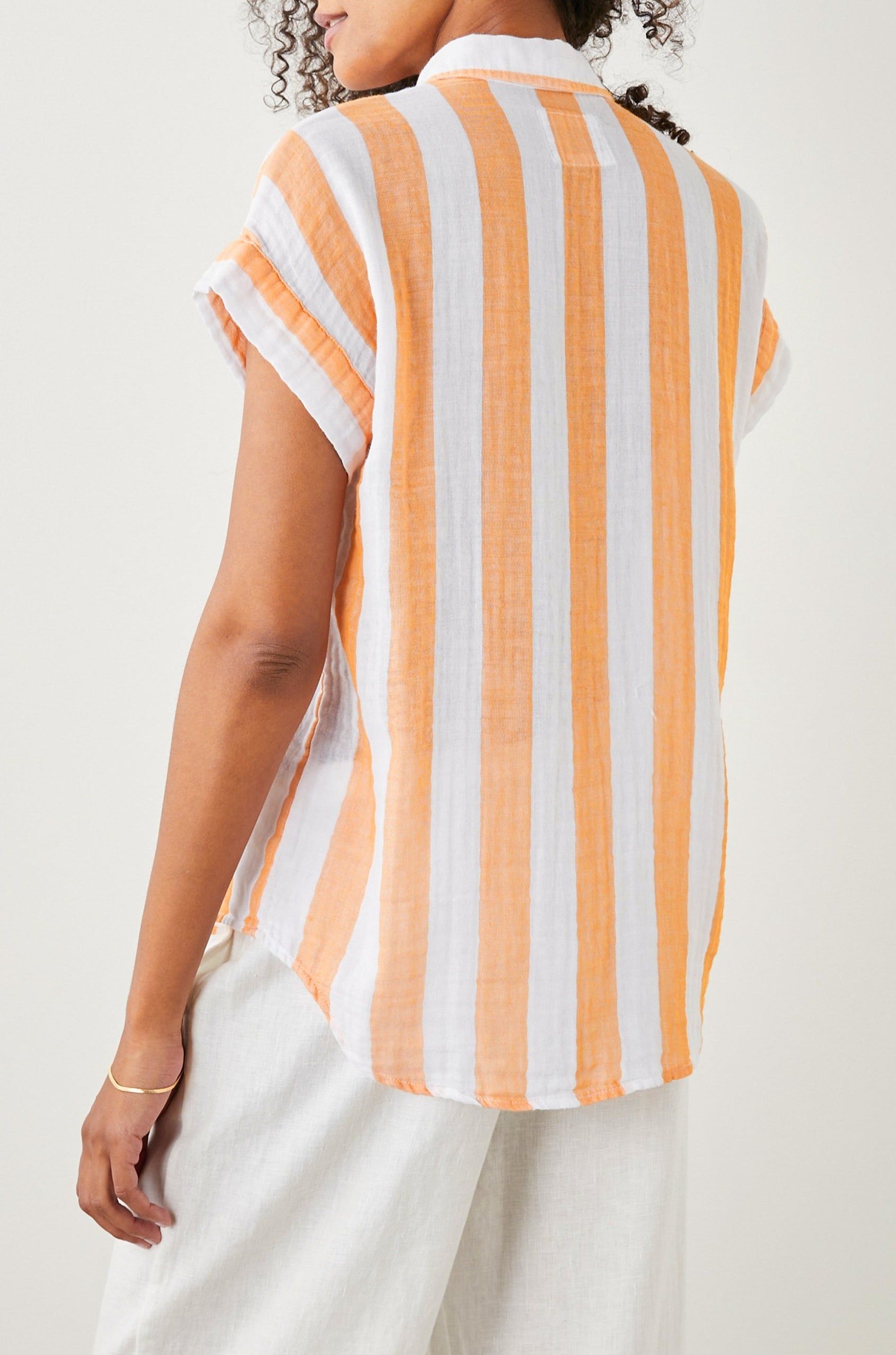 Jamie Short Sleeve Button Up in Ortona Stripe Colorway, Orange and White Vertical Stripes - Back View Featured on Model 