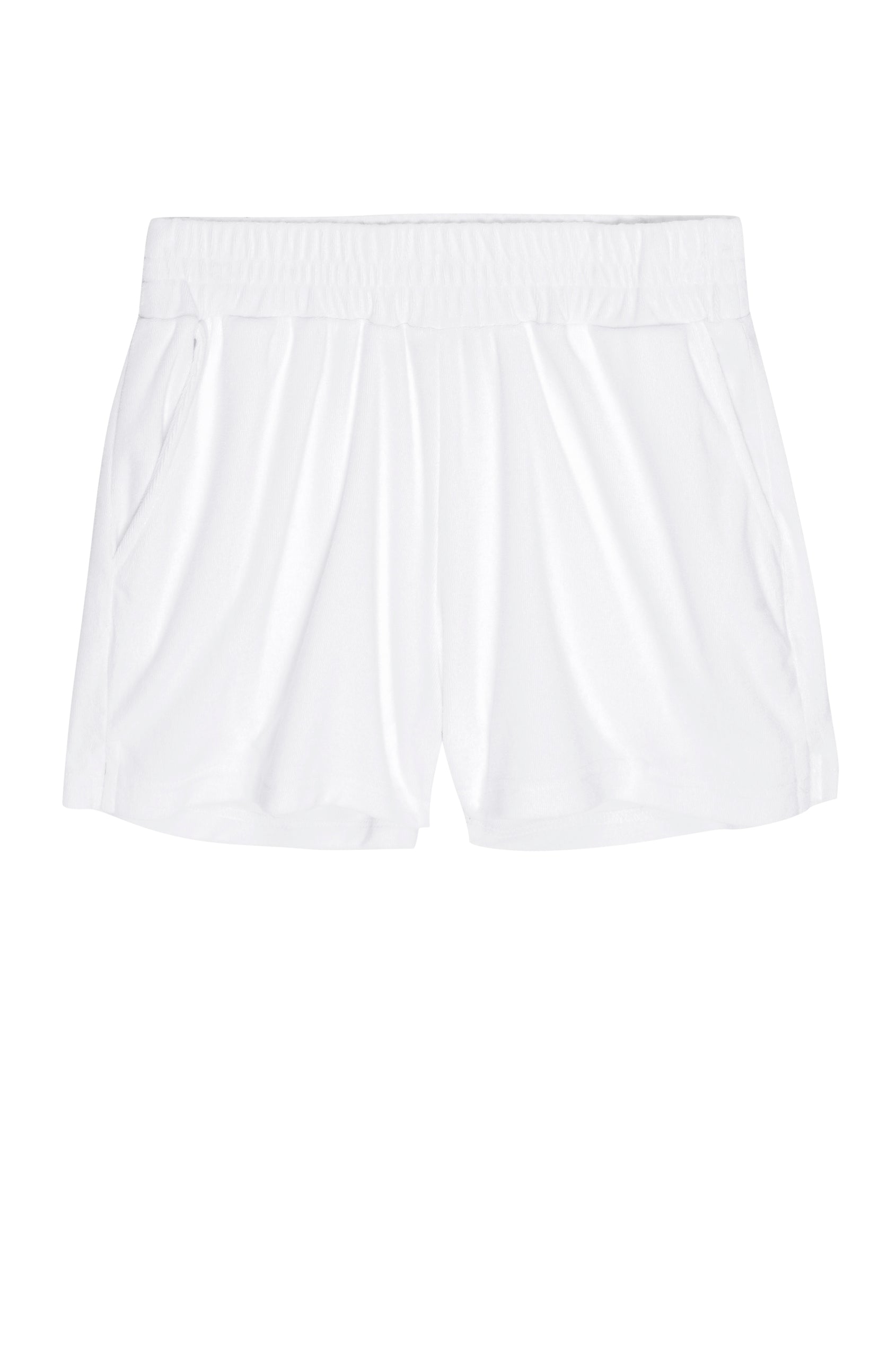 Jane Shorts with a Shirred Waist, Two Front Pockets and a Back Patch Pocket in Terry White Colorway - Front View 