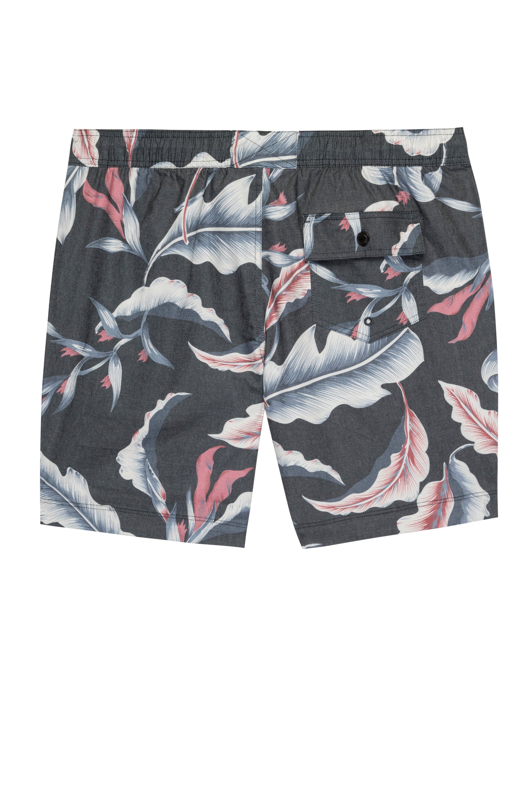 Kian Swim Shorts with an Elastic Drawstring Waistband, Two Front Pockets and a Back Button Flap Pocket in Paradise Nights Colorway, a Floral Print in Pinks, Blues and White on Black - Back View 