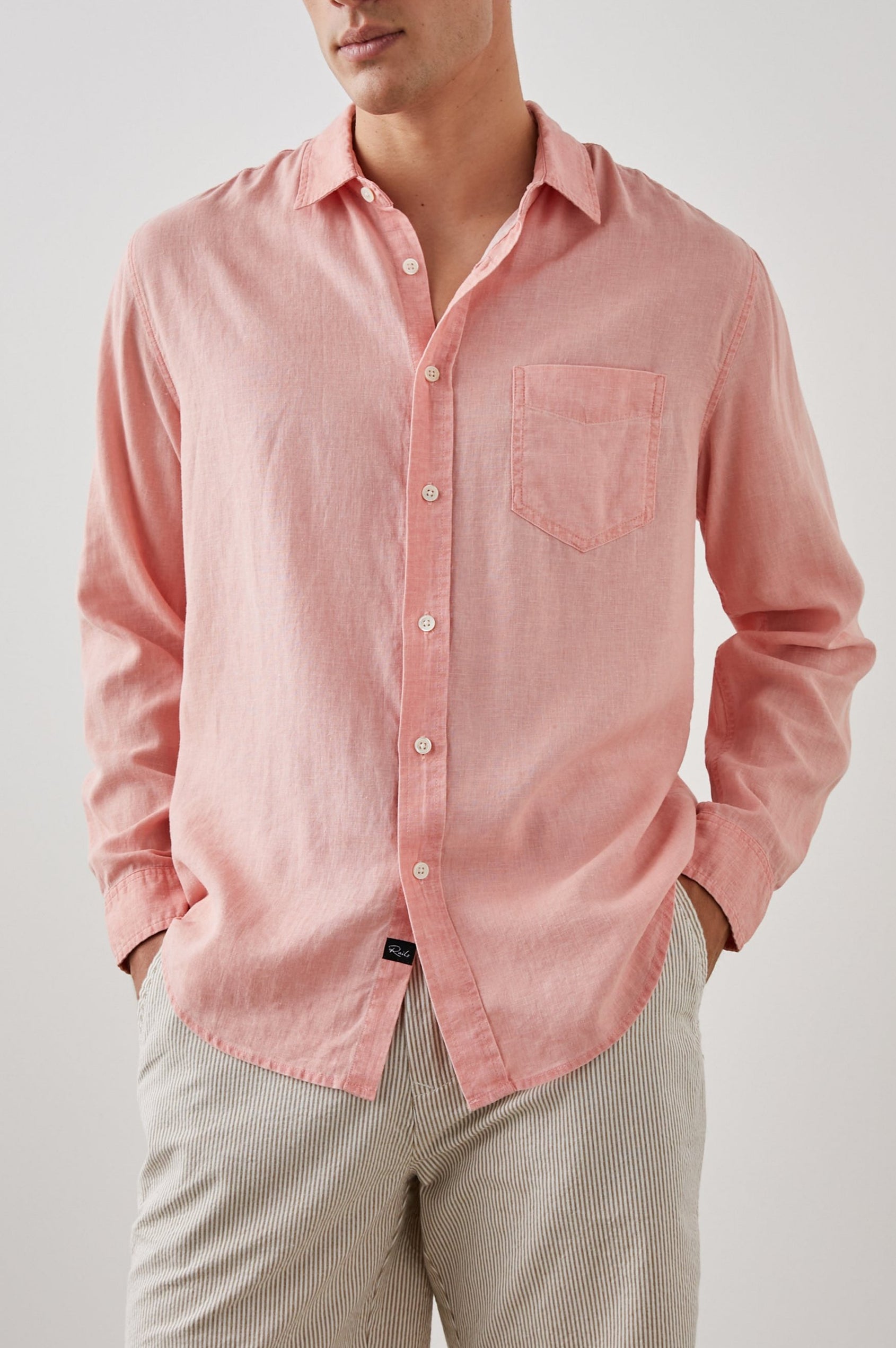 Mykonos Long-Sleeve Button Up with a Patch Pocket in Agate Colorway, a pink - Front View Featured on Model