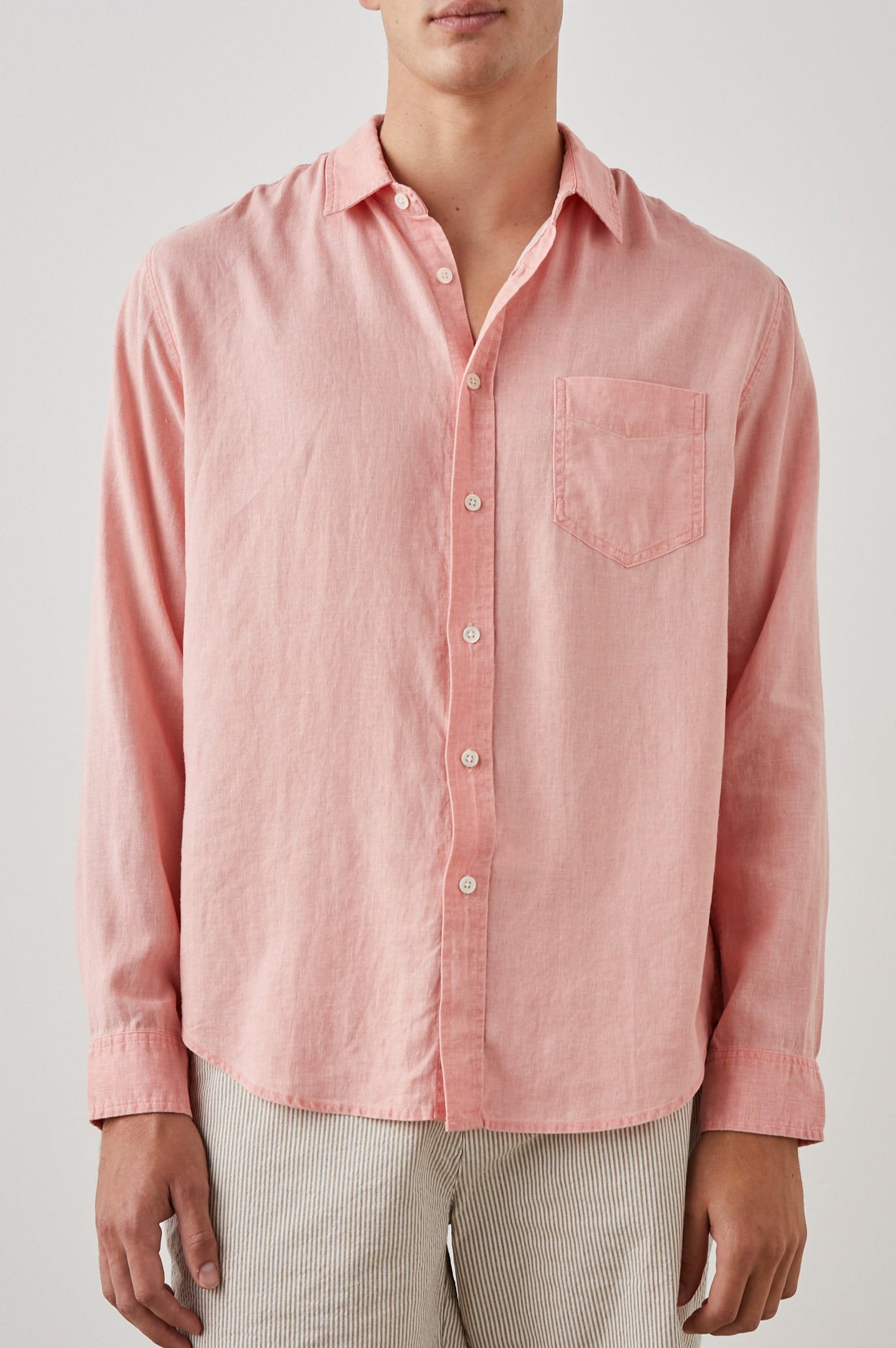 Mykonos Long-Sleeve Button Up with a Patch Pocket in Agate Colorway, a pink - Front View Featured on Model