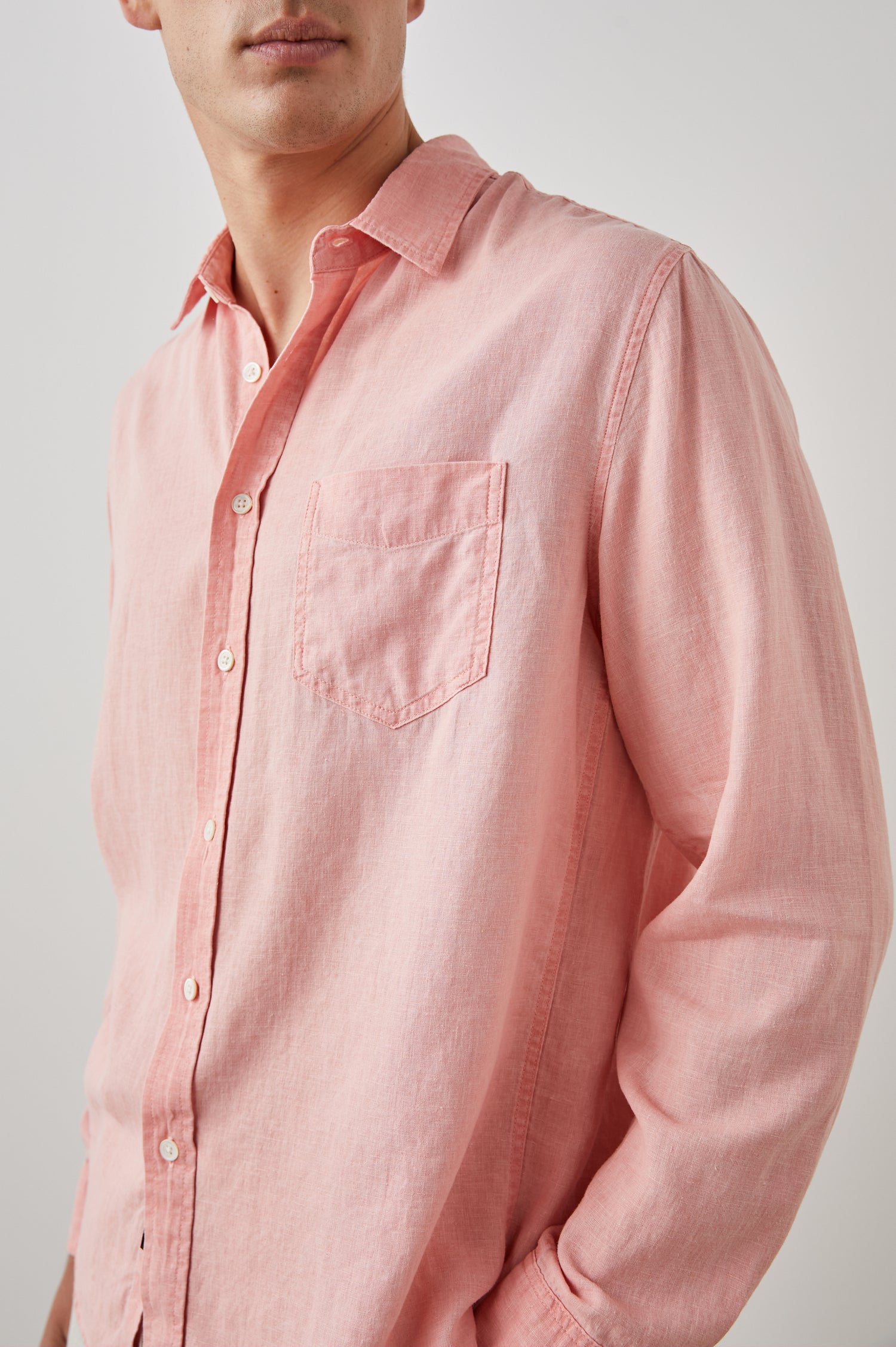 Mykonos Long-Sleeve Button Up with a Patch Pocket in Agate Colorway, a pink - Front View Featured on Model