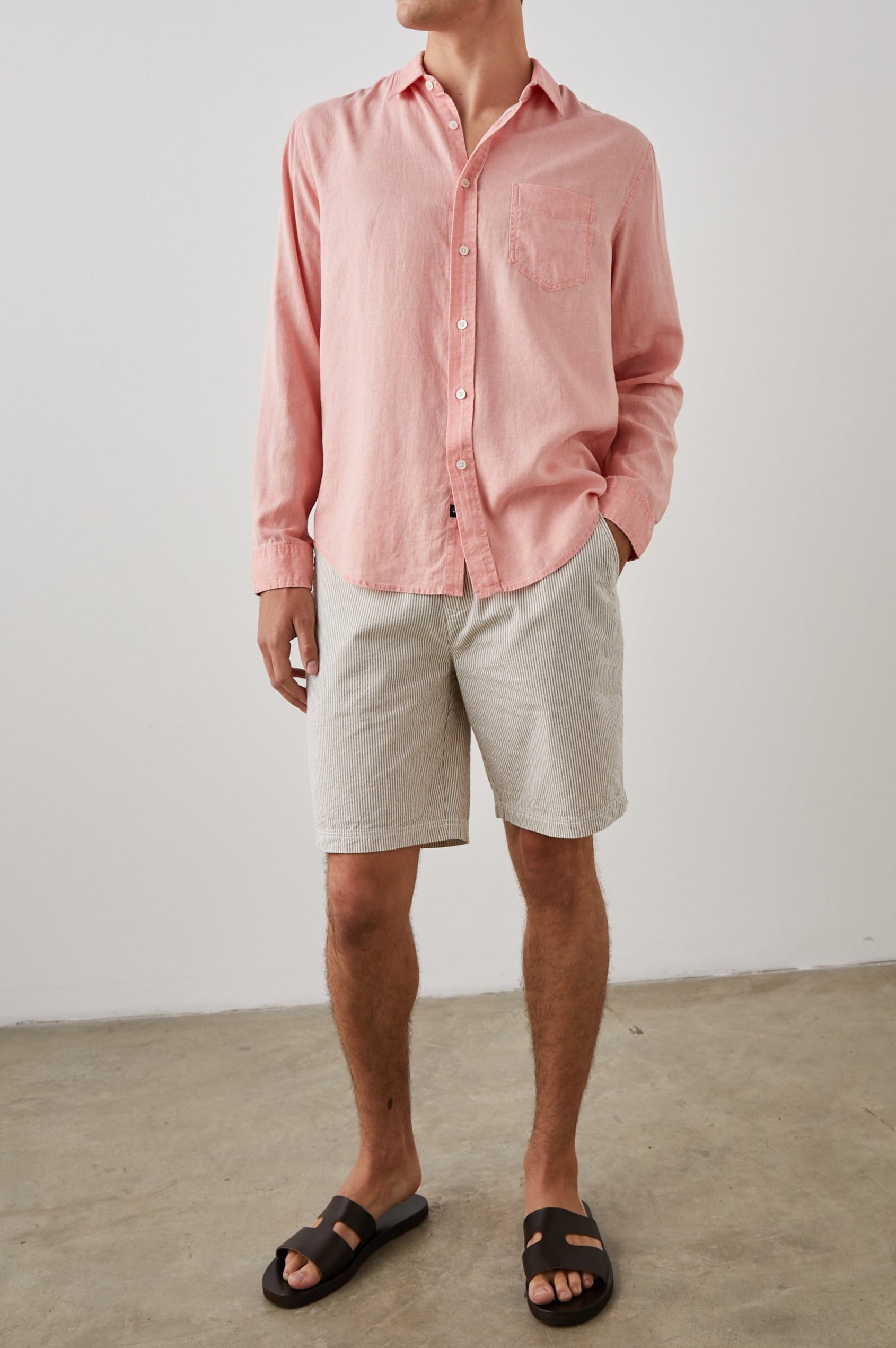 Mykonos Long-Sleeve Button Up with a Patch Pocket in Agate Colorway, a pink - Front Full Body View Featured on Model