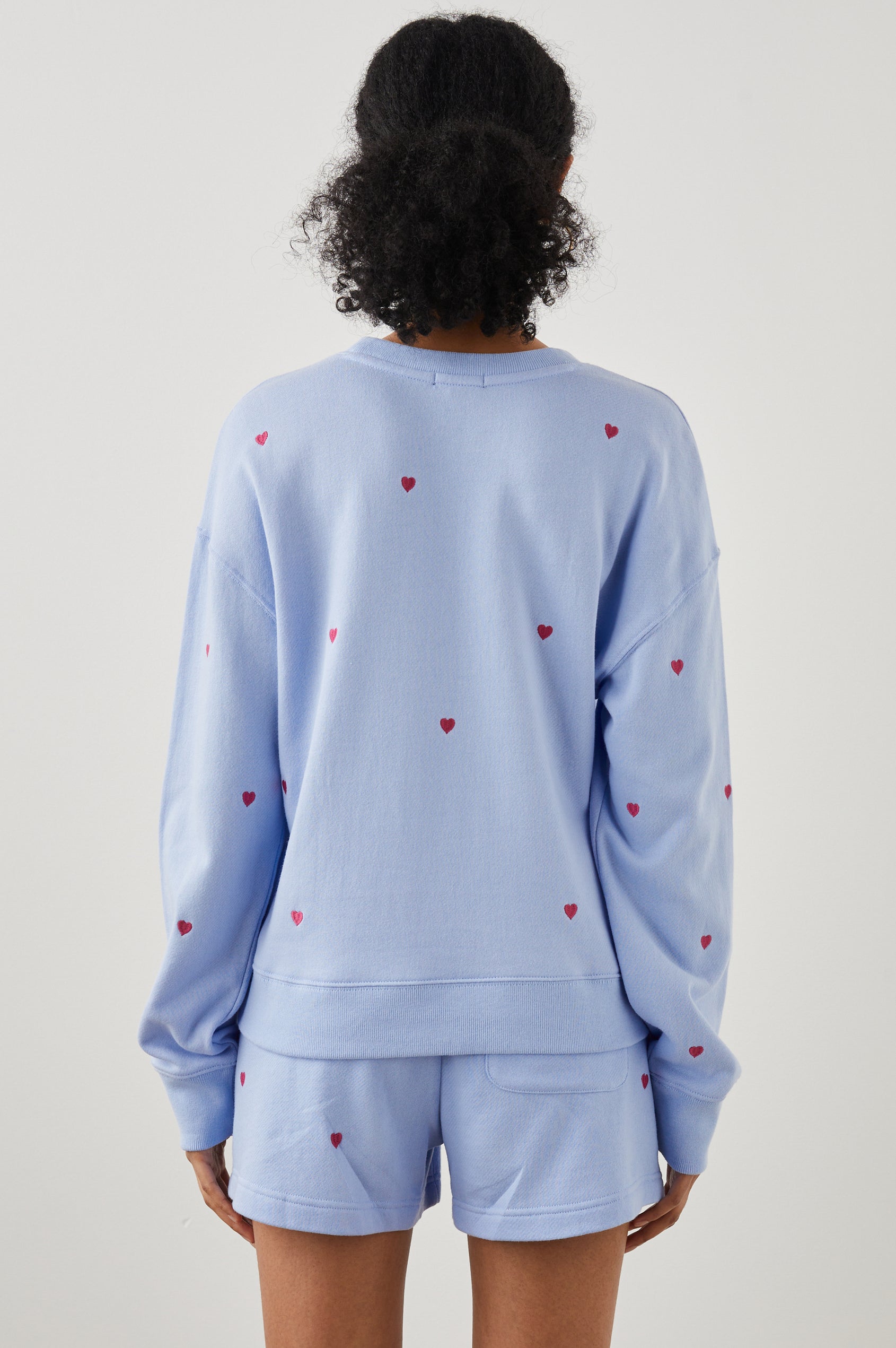 Ramona Long-Sleeve Sweatshirt with a Crew Neck in Pink Heart Embroidery Colorway, Pink Hearts on Blue - Back View Featured on Model