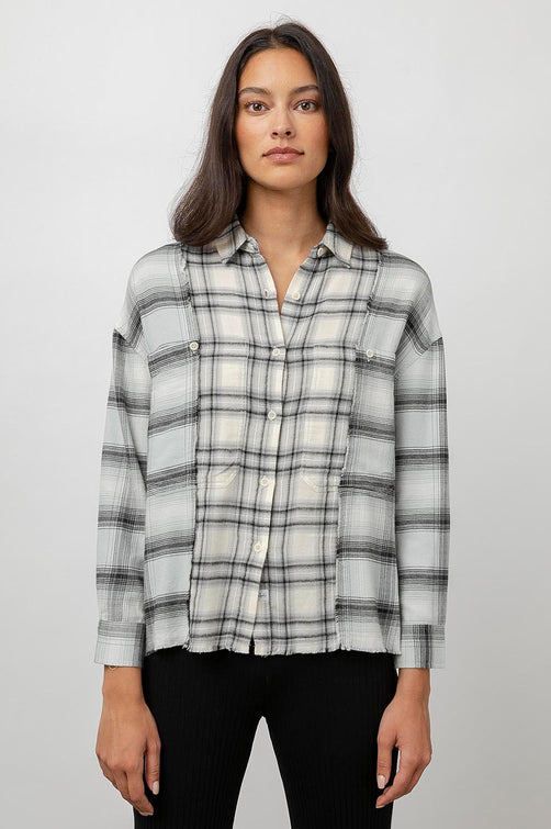 Ronin Pistachio Frost Mixed Plaid Button Down Long Sleeve - front untucked