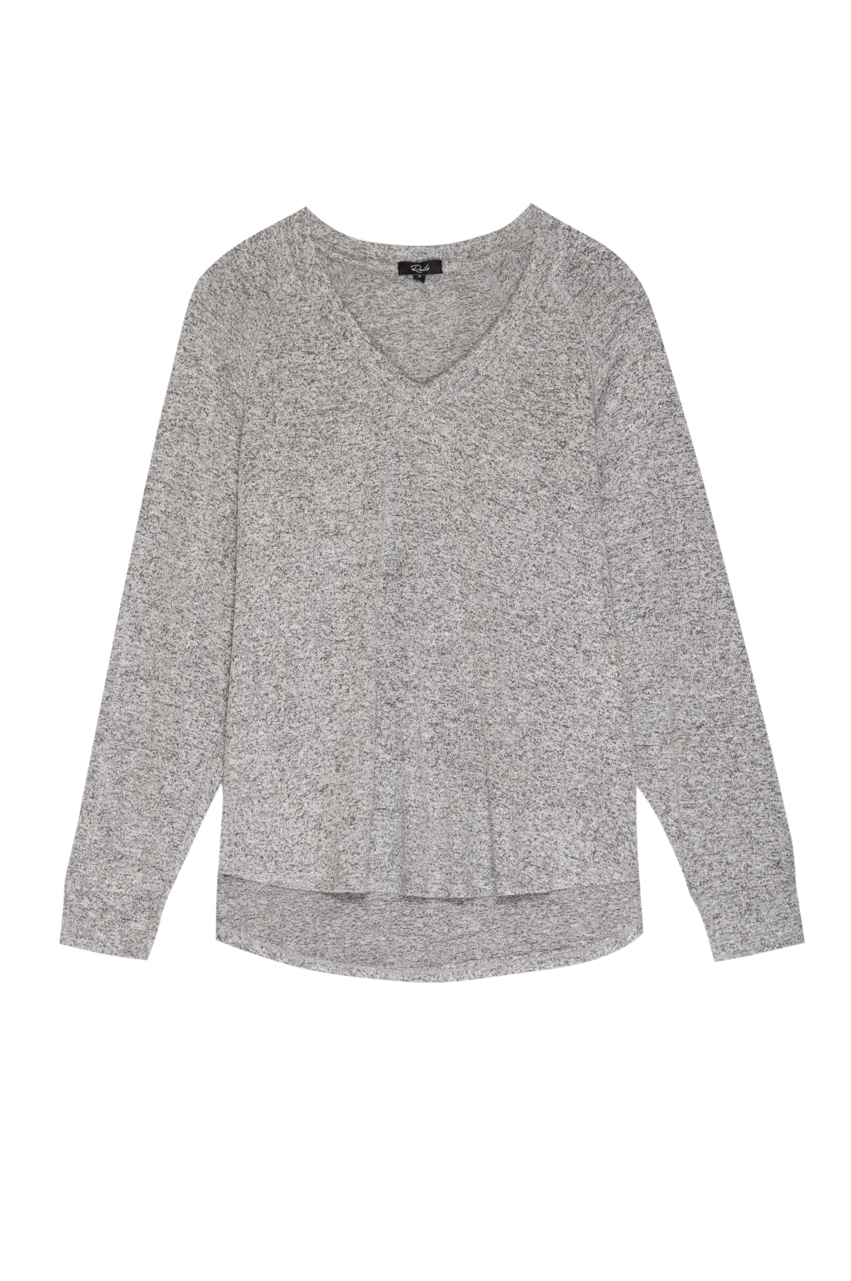 Thalia Long-Sleeve T-Shirt with a V Neck and a High Low Hem in Melange Grey Colorway - Front View 