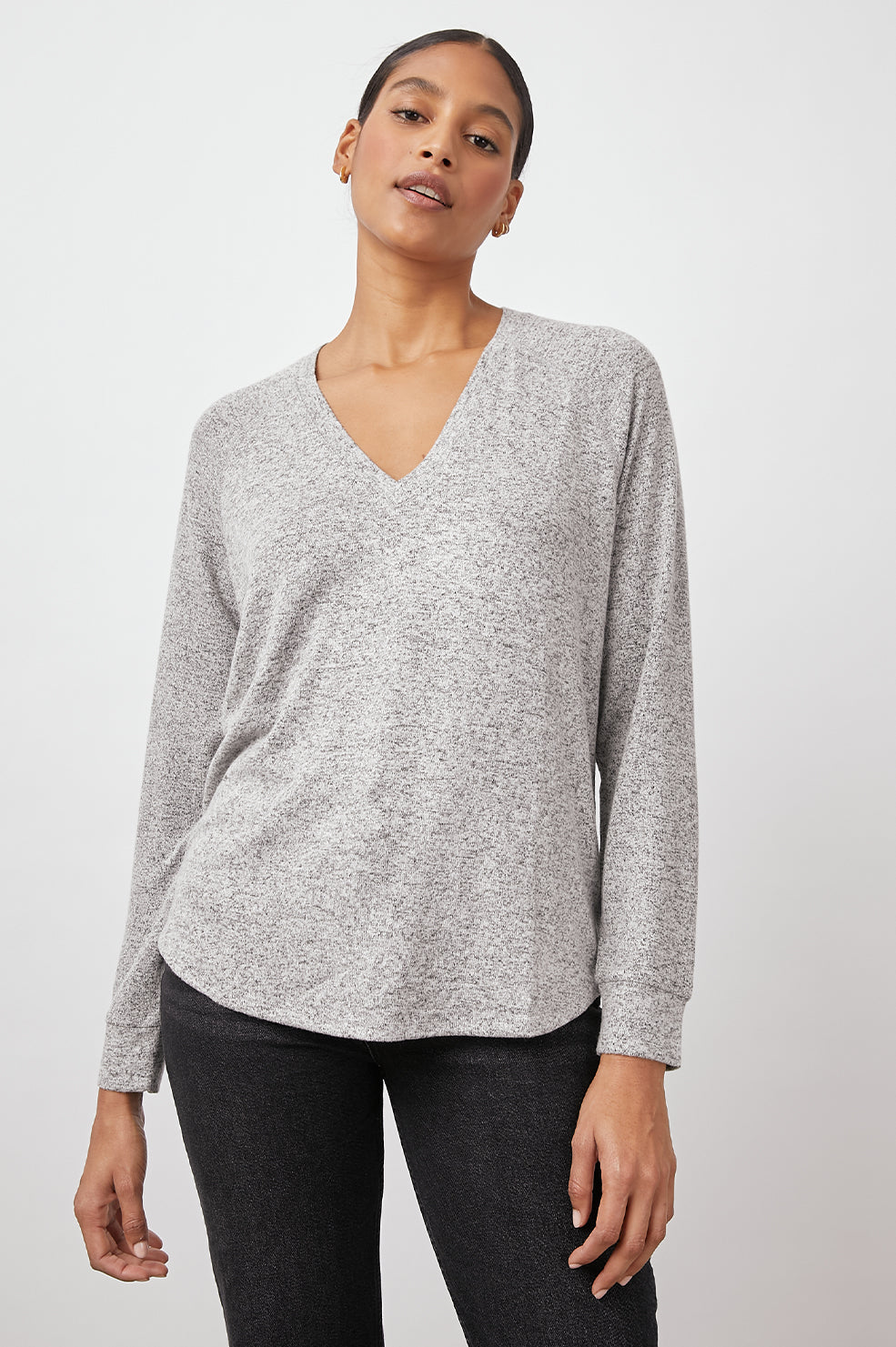 Thalia Long-Sleeve T-Shirt with a V Neck and a High Low Hem in Melange Grey Colorway - Front View Featured on Model 