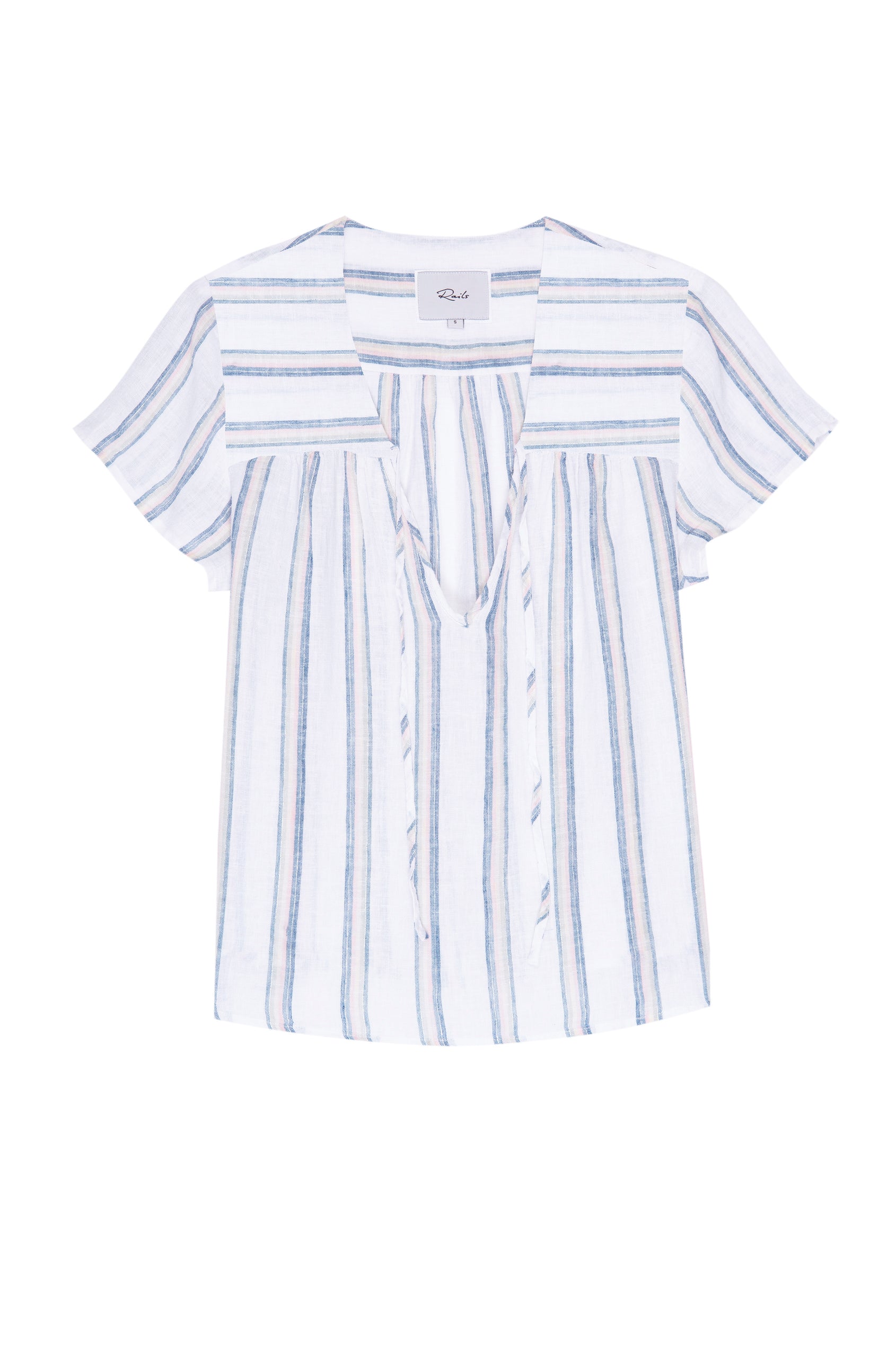 Viera Short-Sleeve Top with a V Neck with a Tie and Flutter Sleeves in Ryland Stripe Colorway, Muted Blue, Pink, Cream and Green Vertical Stripes on White - Front View