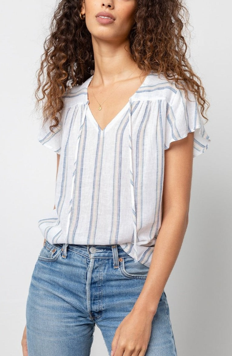 Viera Short-Sleeve Top with a V Neck with a Tie and Flutter Sleeves in Ryland Stripe Colorway, Muted Blue, Pink, Cream and Green Vertical Stripes on White - Front Tucked View Featured on Model 